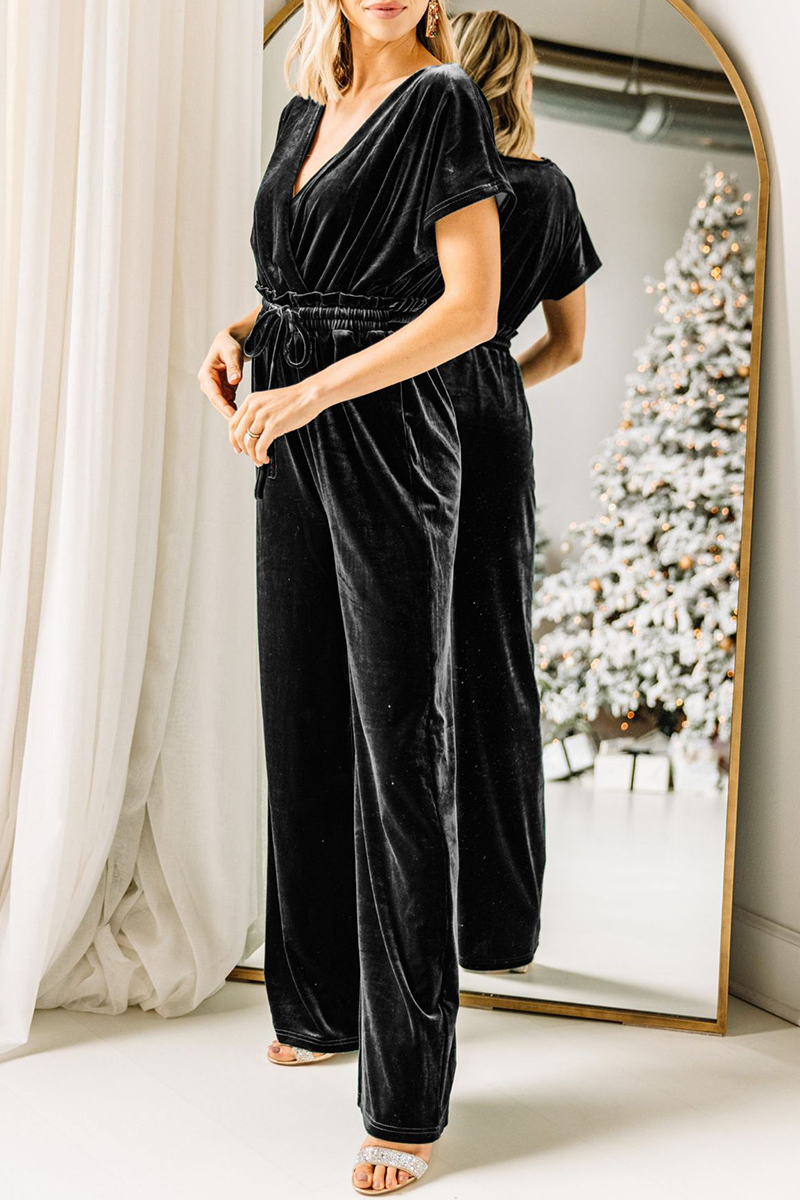 Casual Solid Patchwork V Neck Straight Jumpsuits