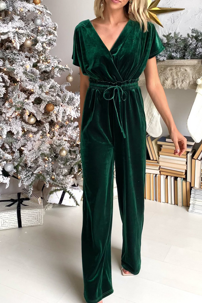 Casual Solid Patchwork V Neck Straight Jumpsuits