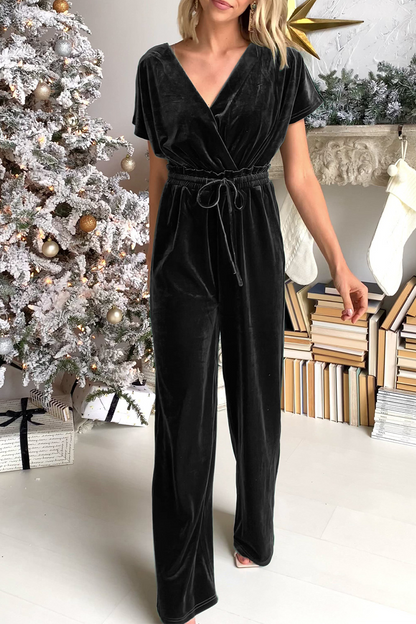 Casual Solid Patchwork V Neck Straight Jumpsuits