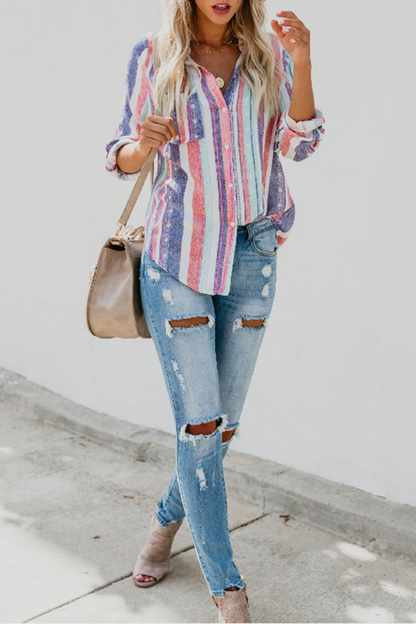 Fashion Striped Patchwork Turndown Collar Tops