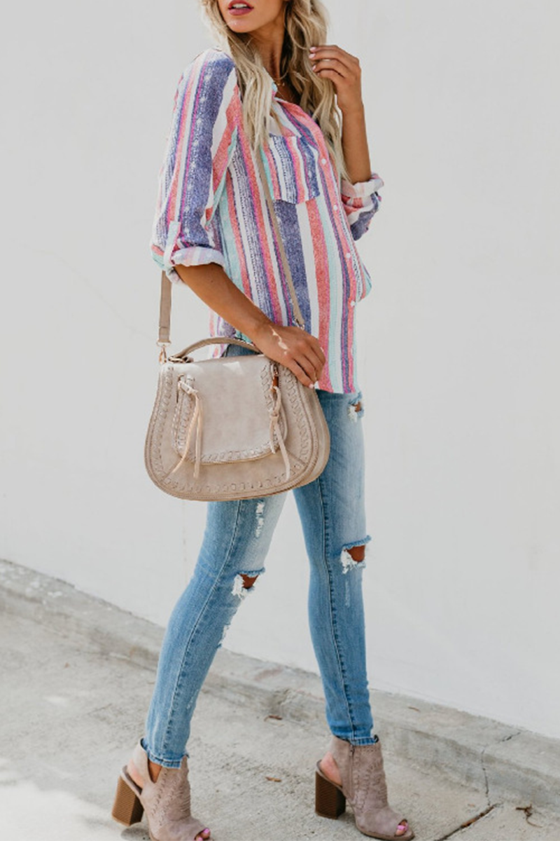 Fashion Striped Patchwork Turndown Collar Tops