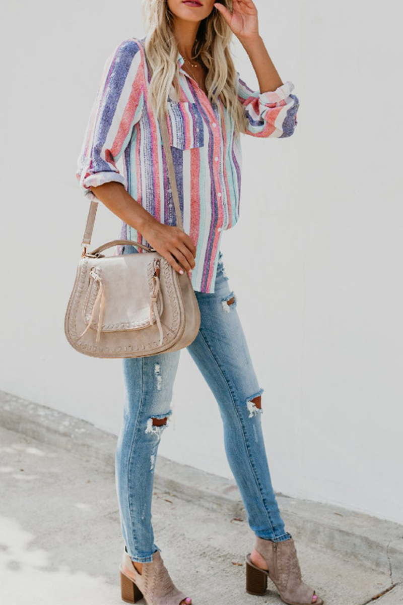 Fashion Striped Patchwork Turndown Collar Tops