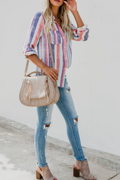 Fashion Striped Patchwork Turndown Collar Tops