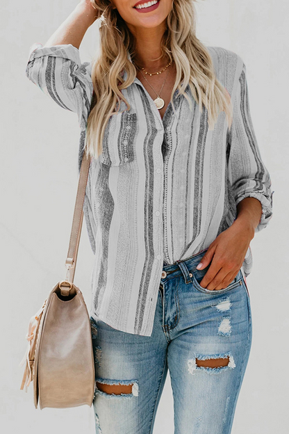 Fashion Striped Patchwork Turndown Collar Tops