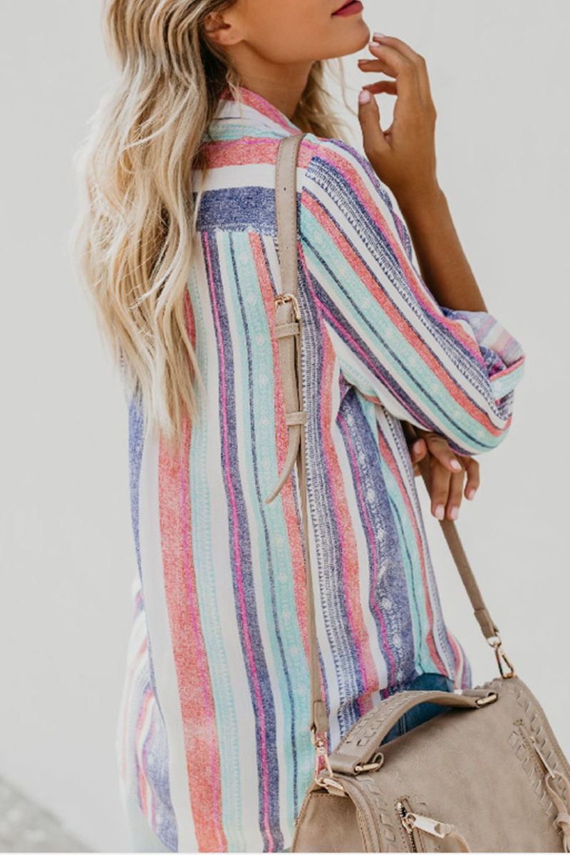 Fashion Striped Patchwork Turndown Collar Tops