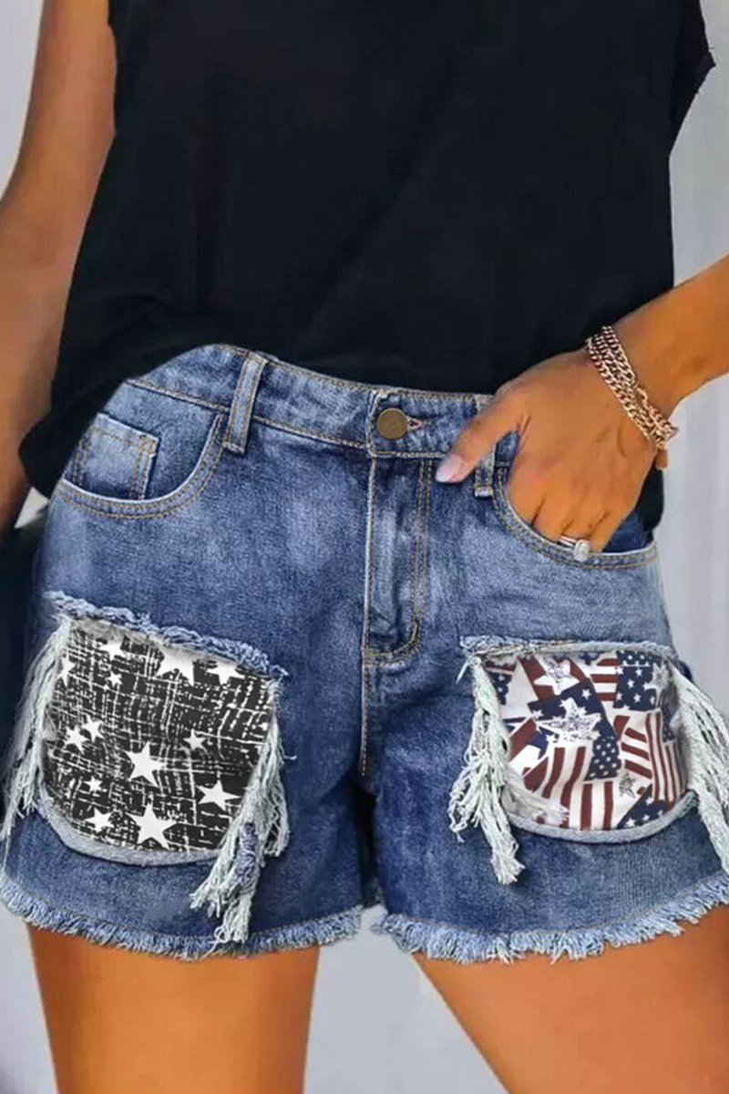 Casual Print Ripped Mid Waist Regular Denim Shorts