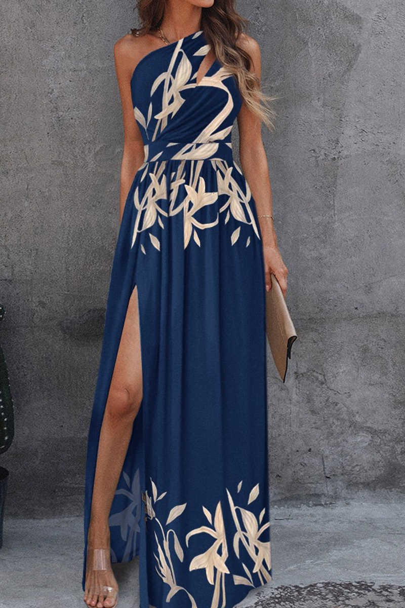 Casual Print Patchwork One Shoulder Irregular Dress Dresses