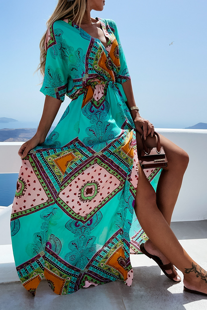 Casual Print Patchwork V Neck Irregular Dress Dresses