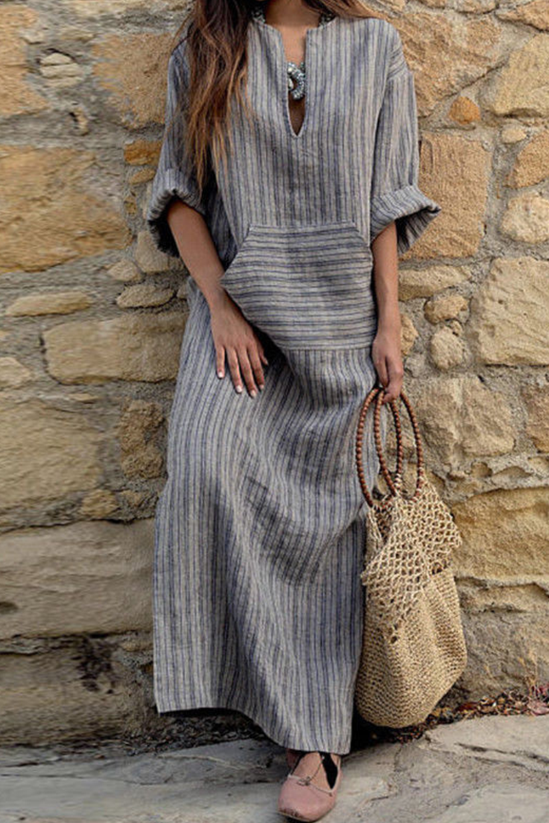 Casual Striped Patchwork V Neck Straight Dresses