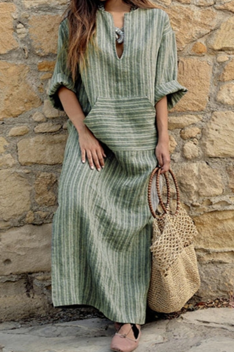 Casual Striped Patchwork V Neck Straight Dresses