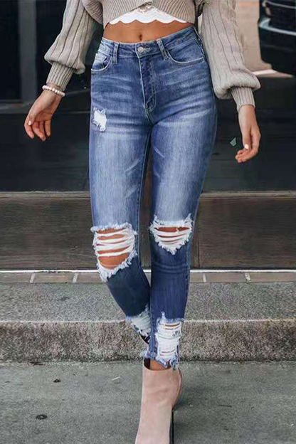 Casual Solid Ripped Mid Waist Skinny Denim Jeans