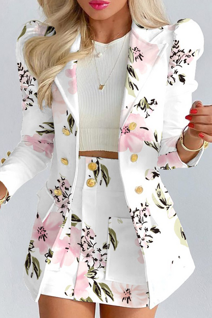 Casual Print Patchwork Turndown Collar Long Sleeve Two Pieces(12 Colors)