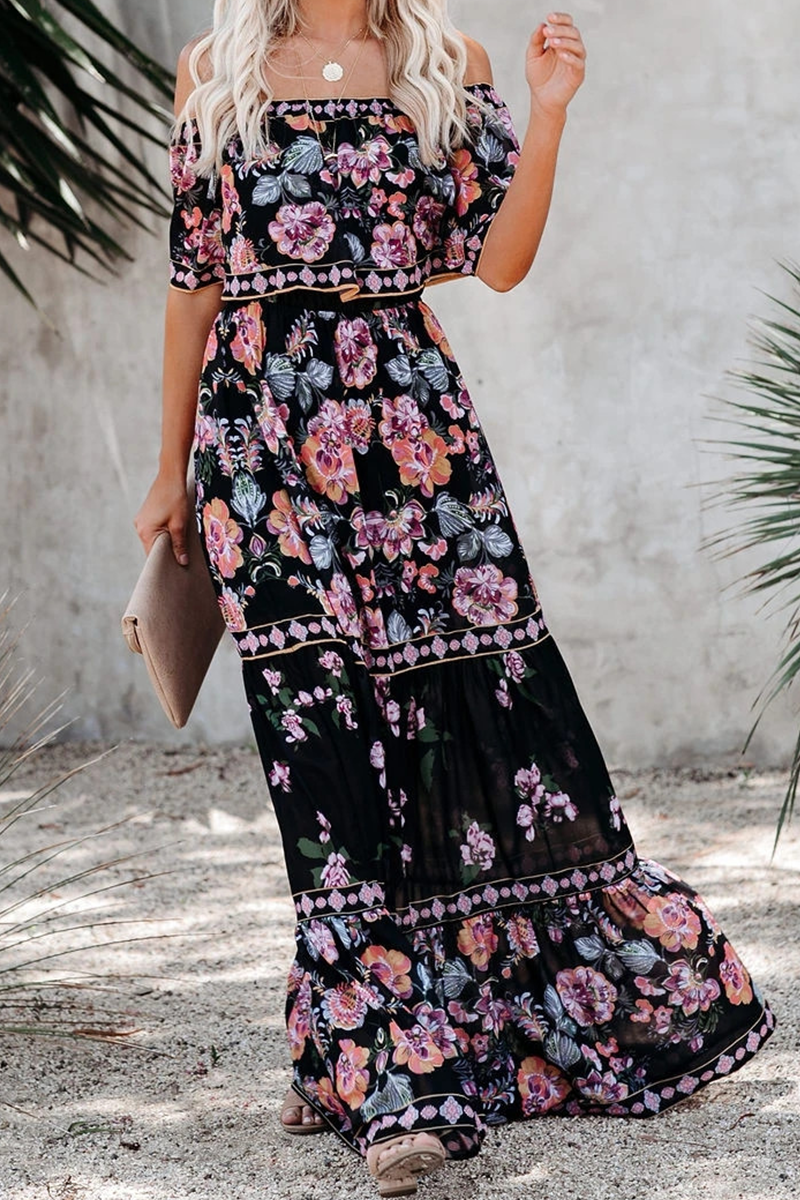 Fashion Street Print Patchwork Off the Shoulder A Line Dresses