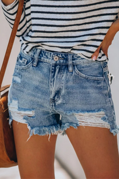 Casual Solid Patchwork Mid Waist Skinny Denim Shorts