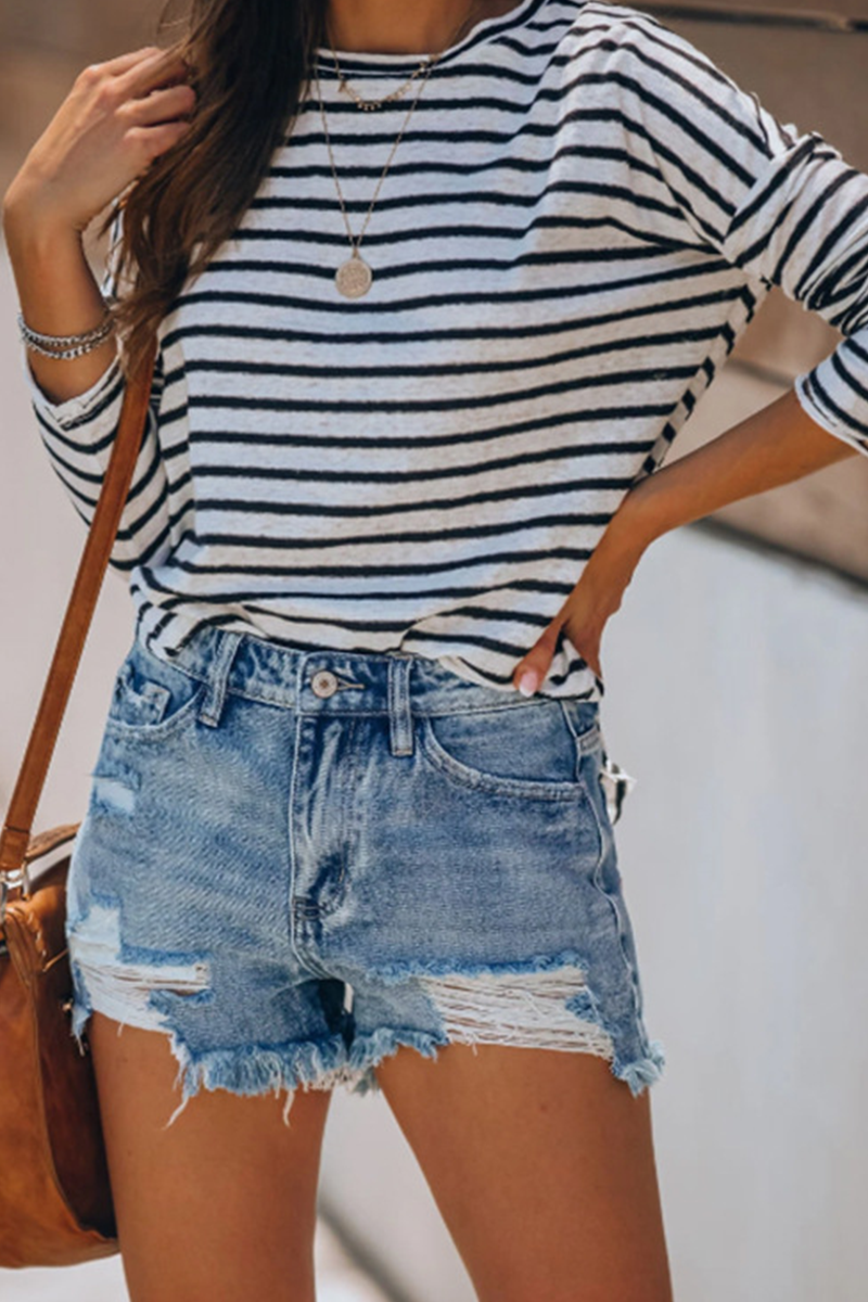 Casual Solid Patchwork Mid Waist Skinny Denim Shorts