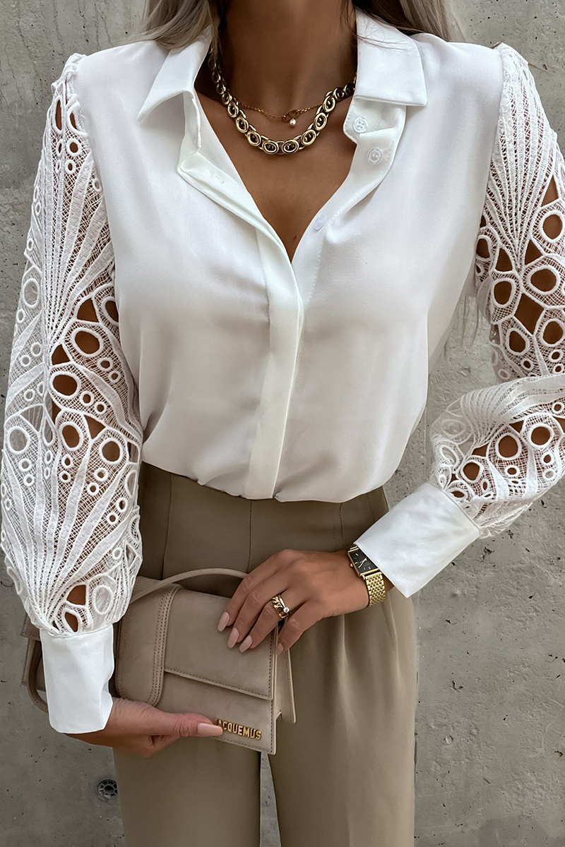 Fashion Solid Hollowed Out Turndown Collar Blouses