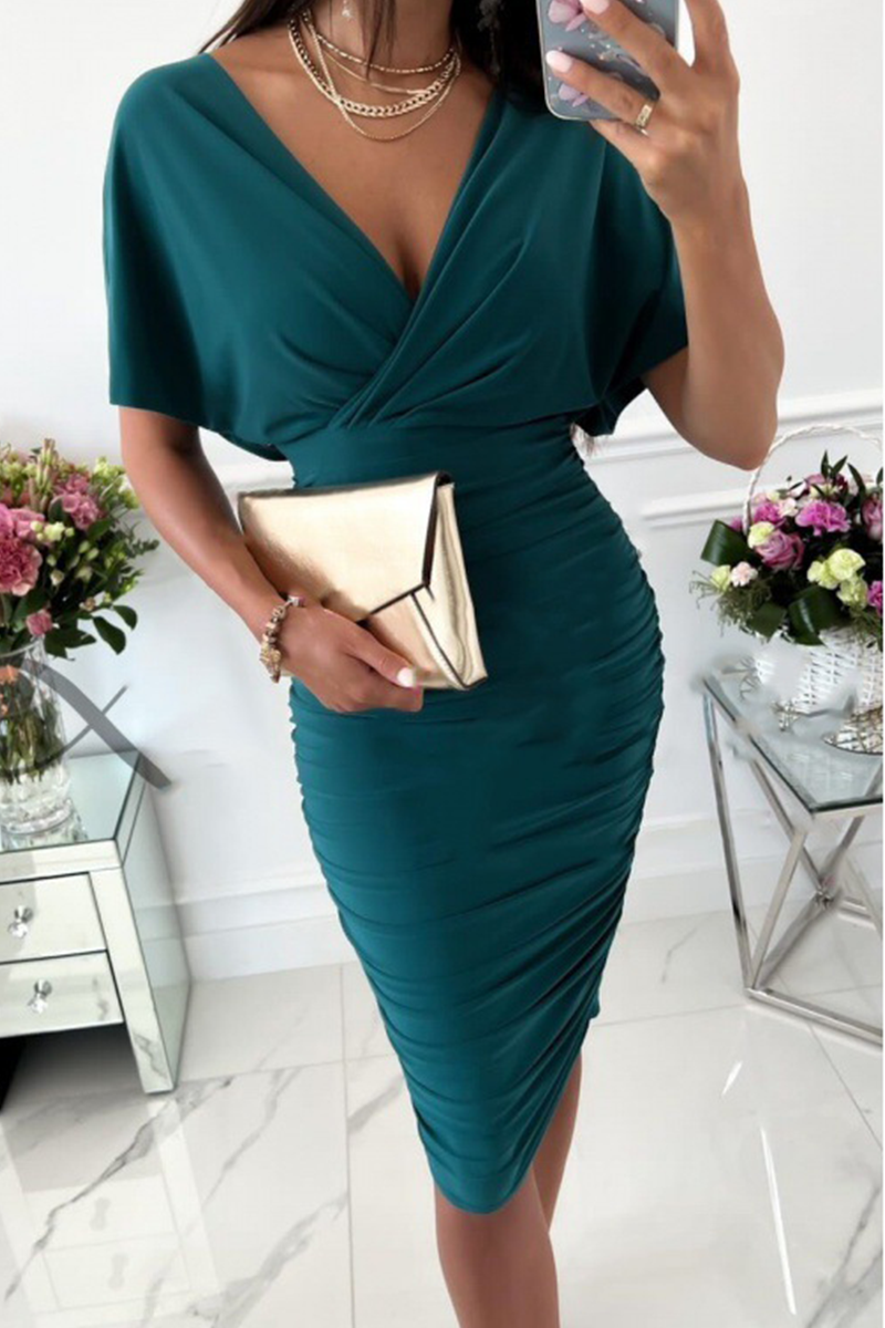 Fashion Solid Patchwork V Neck Waist Skirt Dresses