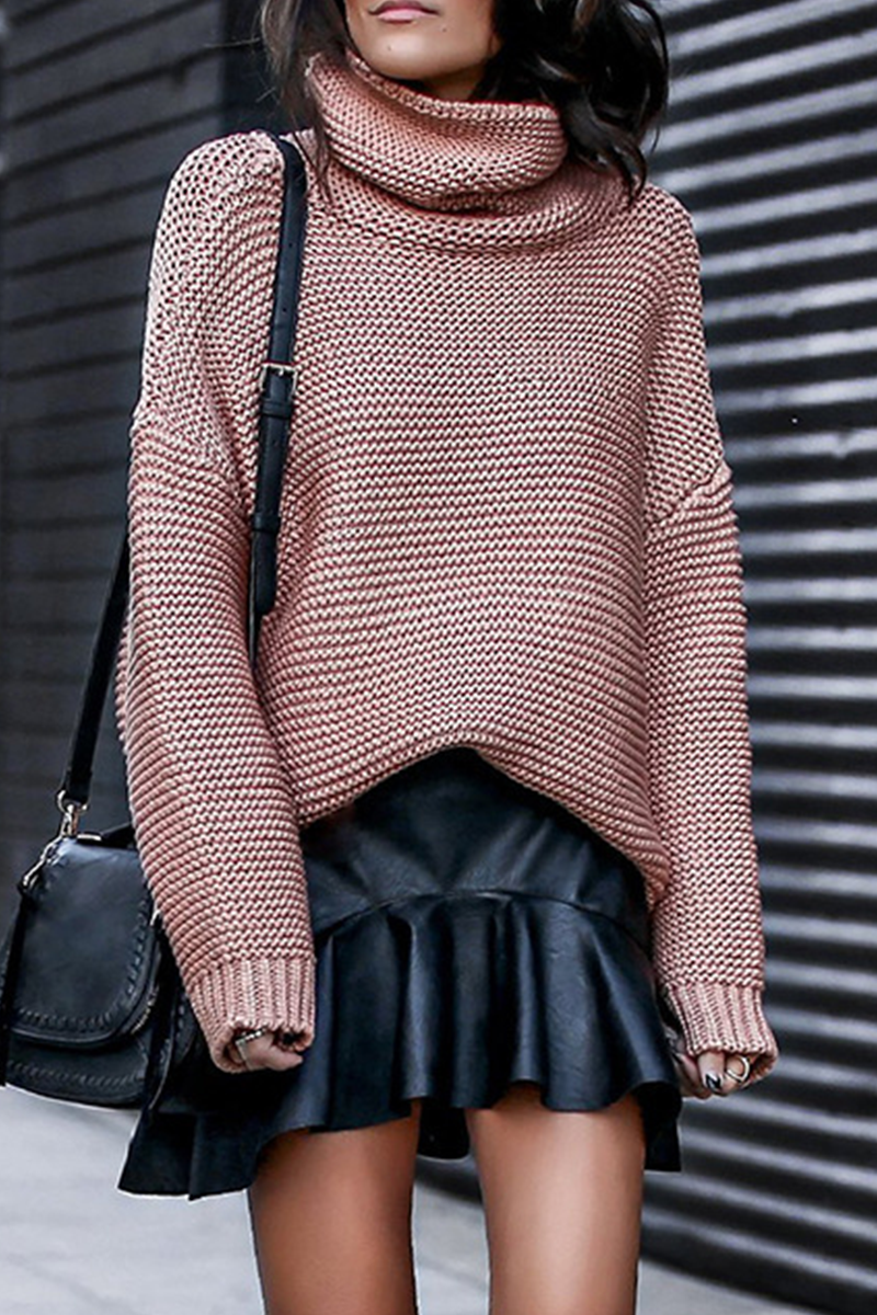 Fashion Solid Patchwork Turtleneck Tops