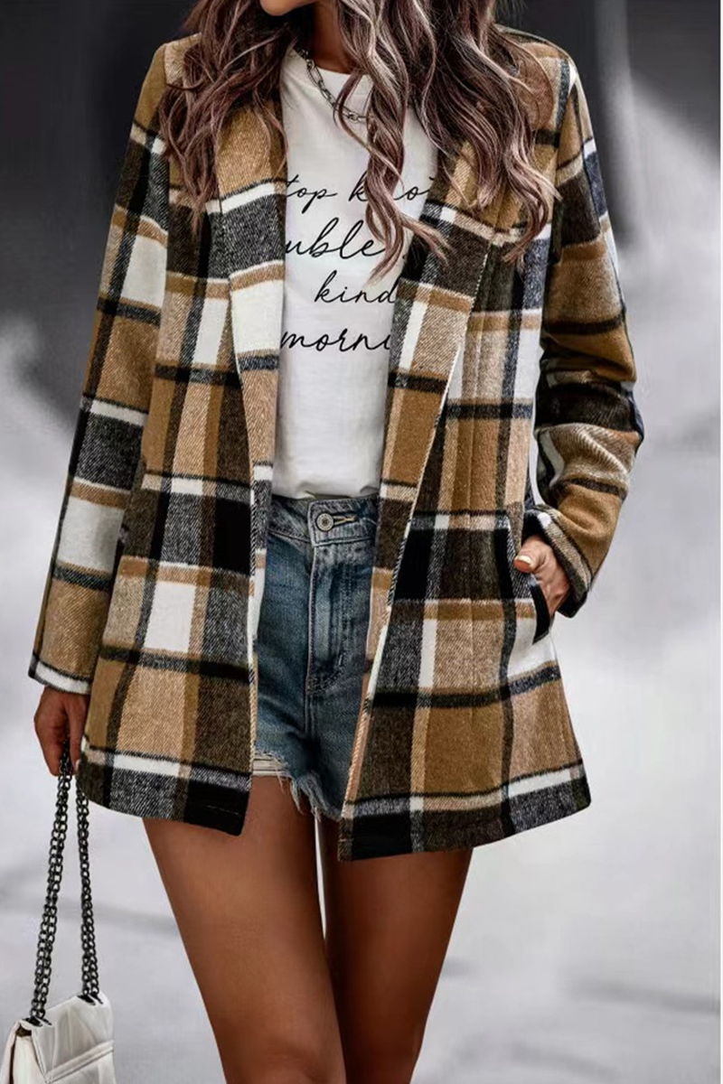 Fashion Plaid Patchwork Turndown Collar Outerwear(6 Colors)