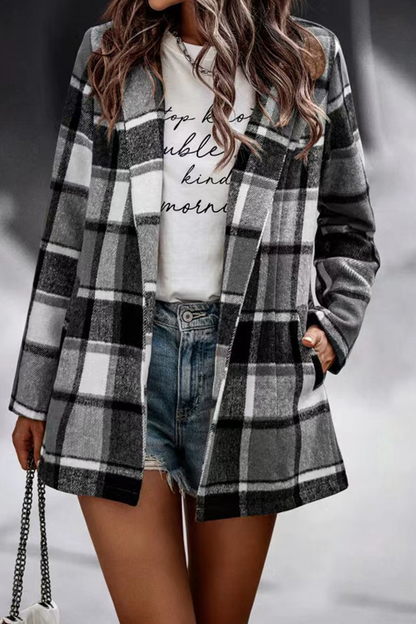 Fashion Plaid Patchwork Turndown Collar Outerwear(6 Colors)