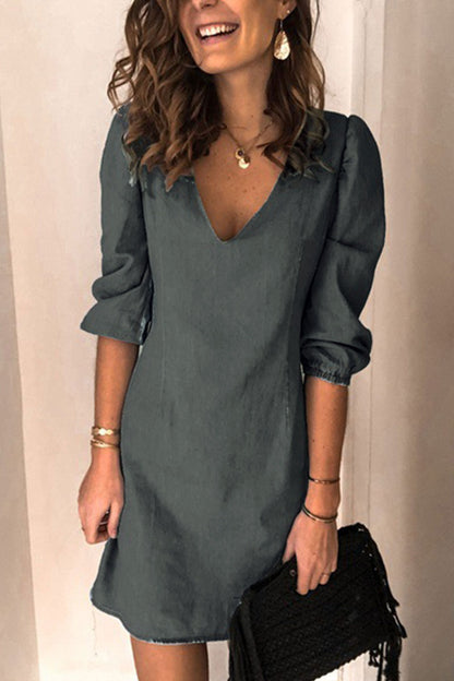 Casual Solid V Neck Denim Dress Dresses(4 Colors)