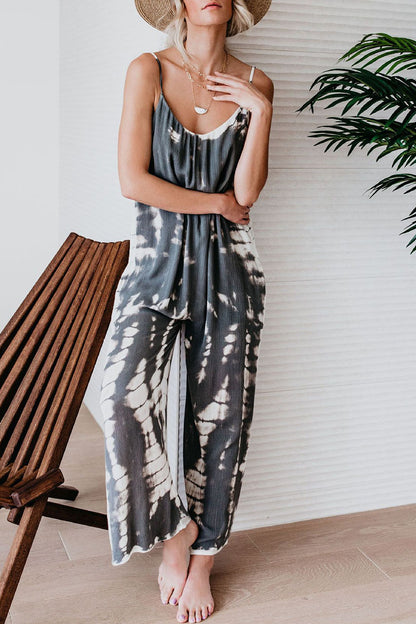 Casual Patchwork Tie-dye Spaghetti Strap Straight Jumpsuits(10 Colors)