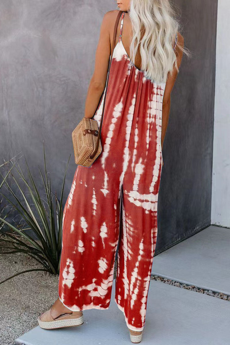 Casual Patchwork Tie-dye Spaghetti Strap Straight Jumpsuits(10 Colors)