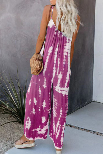 Casual Patchwork Tie-dye Spaghetti Strap Straight Jumpsuits(10 Colors)