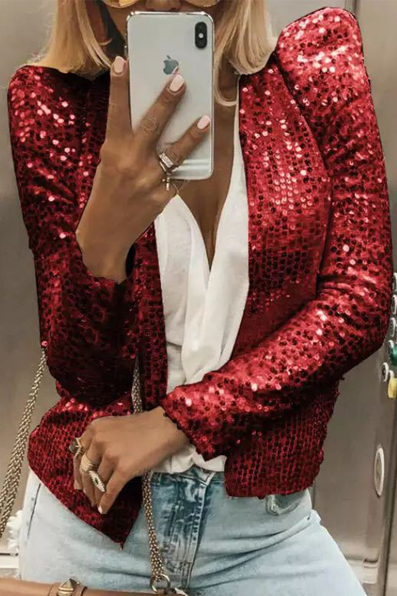 Fashion Solid Sequins Patchwork O Neck Outerwear