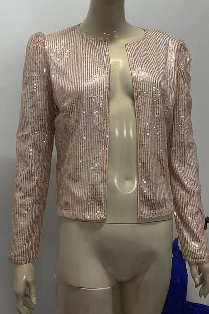 Fashion Solid Sequins Patchwork O Neck Outerwear