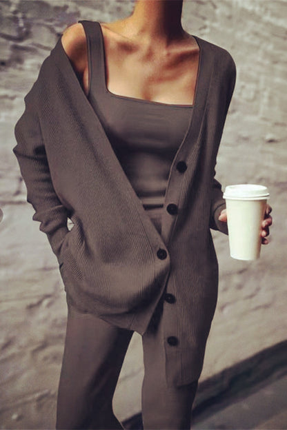 Casual Solid Cardigan Vests Pants Square Collar Long Sleeve Three-piece Set(3 Colors)