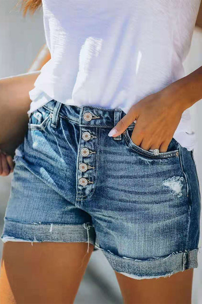 Casual Solid Patchwork Mid Waist Regular Denim Shorts