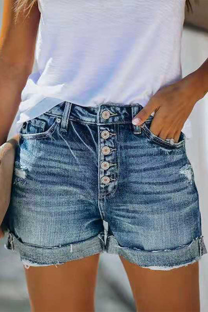 Casual Solid Patchwork Mid Waist Regular Denim Shorts