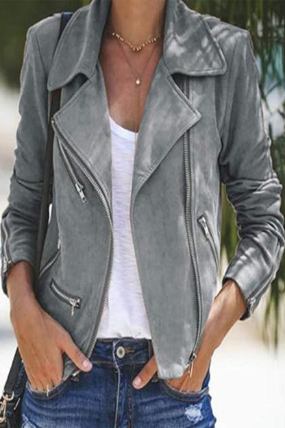 Casual Solid Zipper Turndown Collar Outerwear