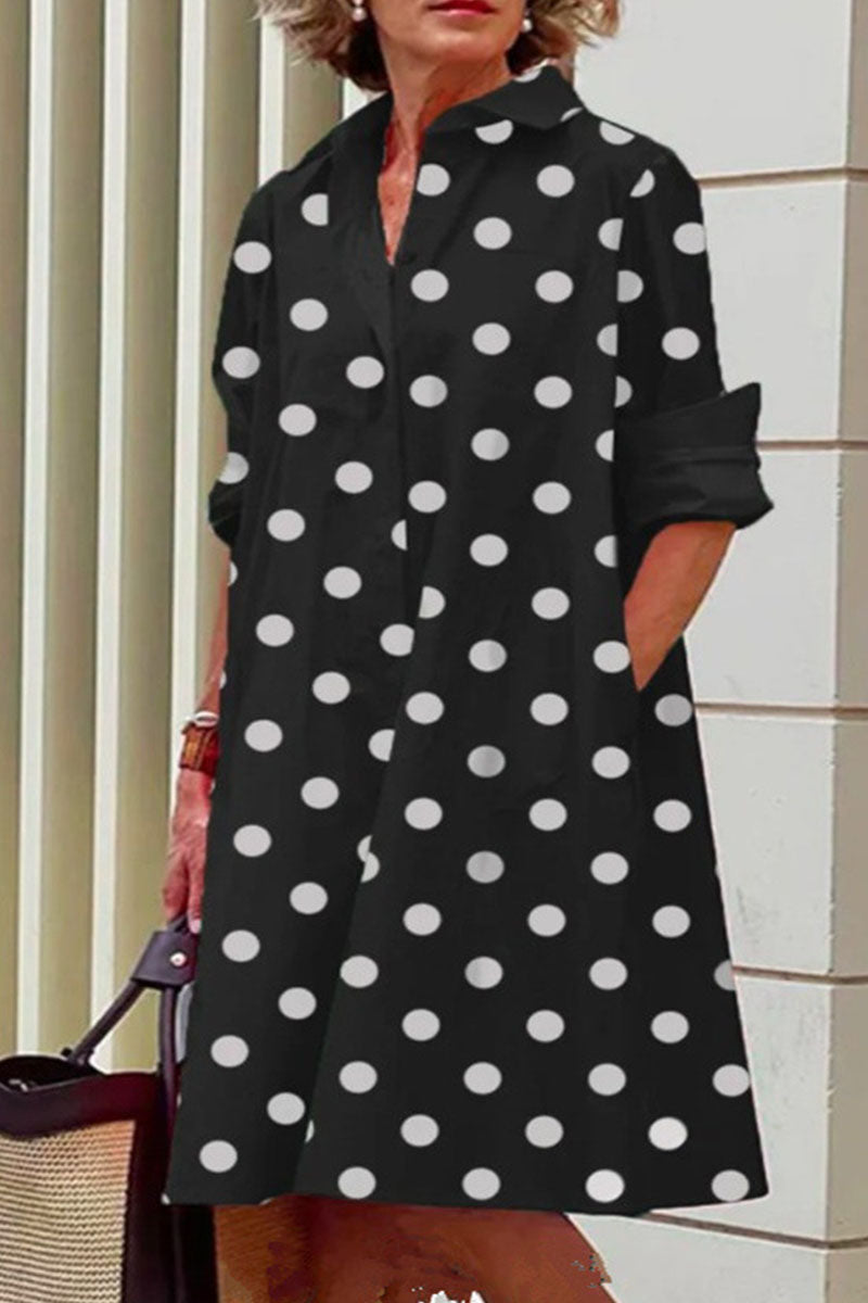 Casual Print Polka Dot Patchwork Buckle Turndown Collar Shirt Dress Dresses(15 Colors)