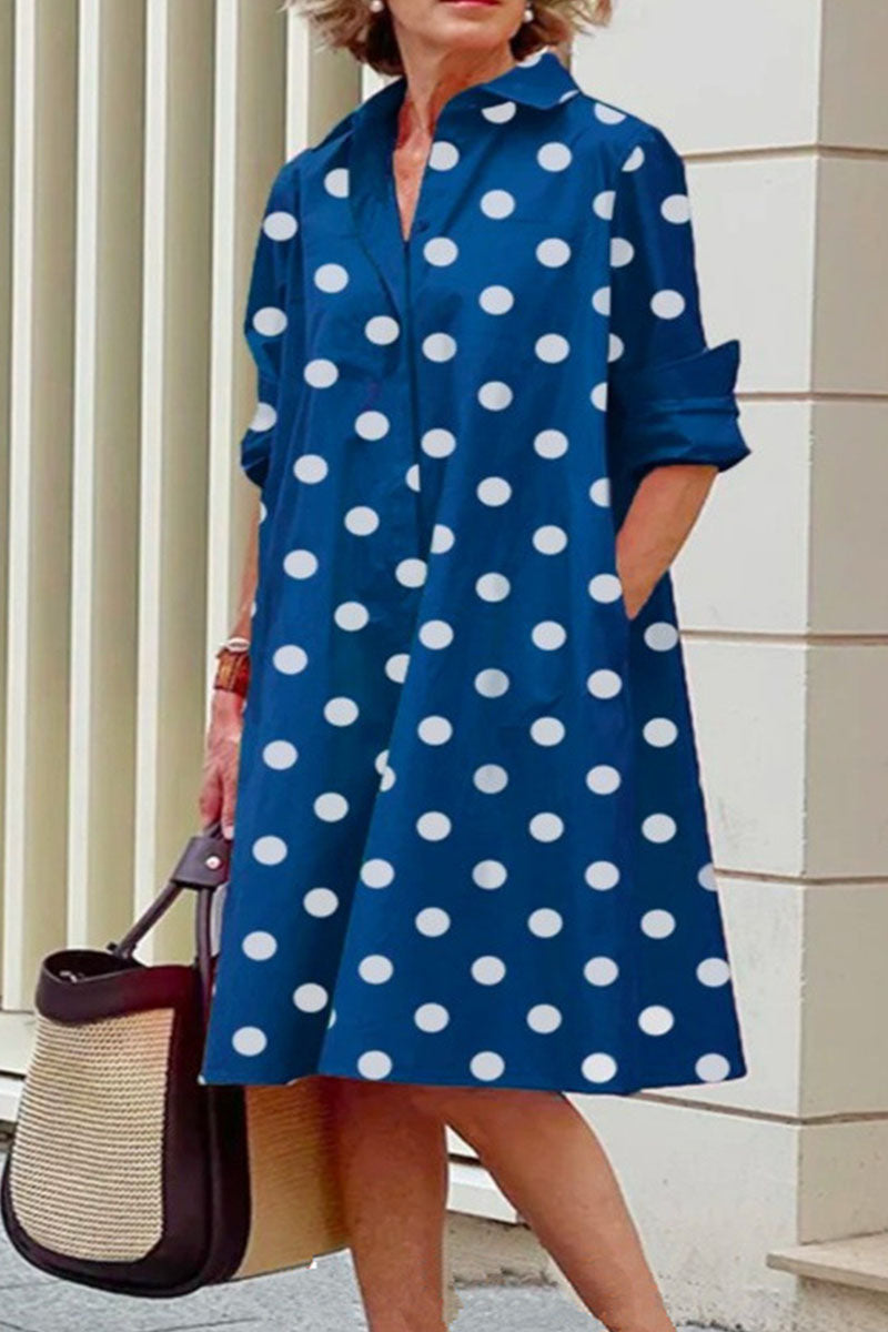 Casual Print Polka Dot Patchwork Buckle Turndown Collar Shirt Dress Dresses(15 Colors)