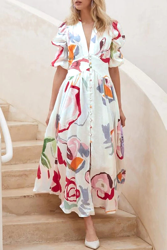 Elegant Vacation Not Positioning Printed Buttons V Neck Beach Dress Dresses