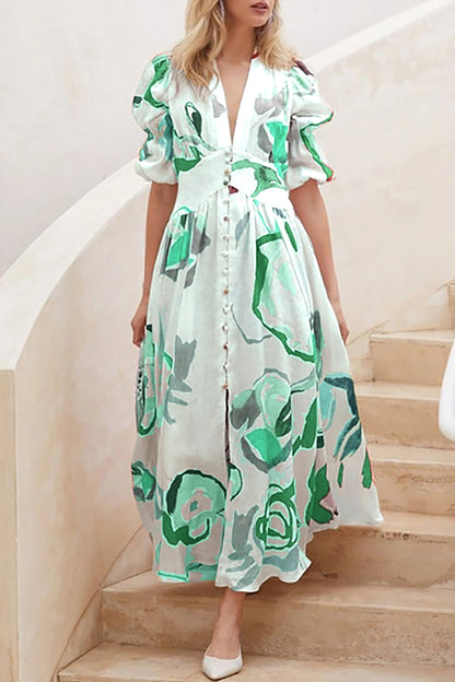 Elegant Vacation Not Positioning Printed Buttons V Neck Beach Dress Dresses