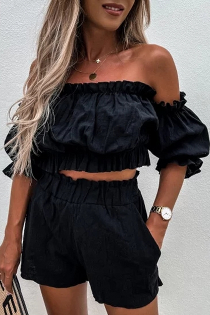 Sexy Casual Solid Patchwork Stringy Selvedge Off the Shoulder Short Sleeve Two Pieces(3 Colors)