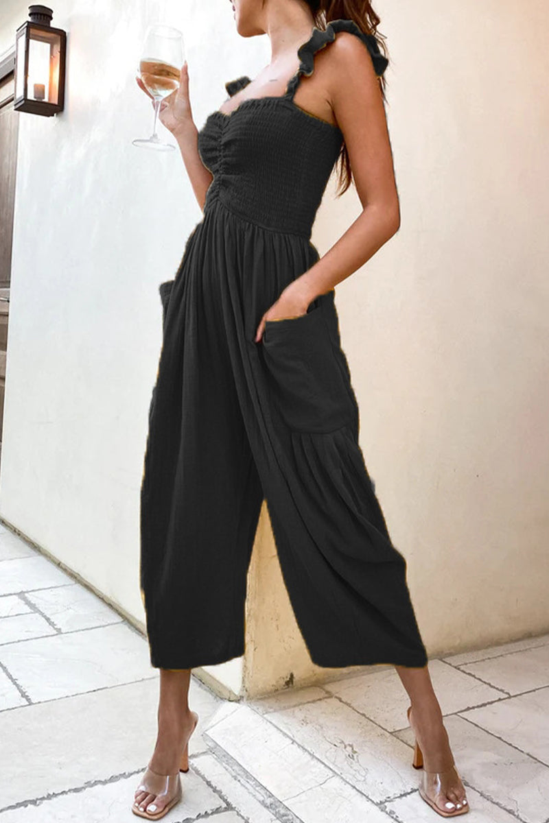 Casual Street Solid Patchwork Pocket Spaghetti Strap Straight Jumpsuits