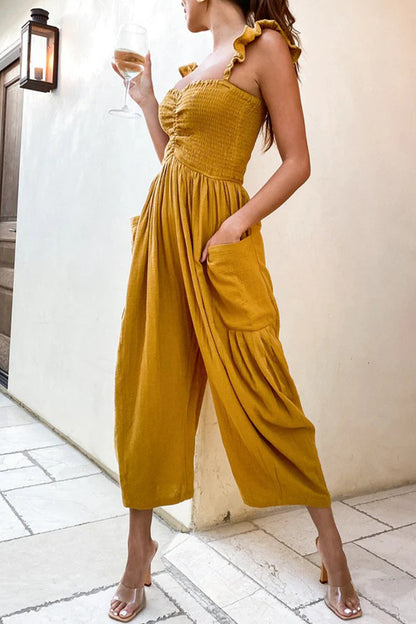 Casual Street Solid Patchwork Pocket Spaghetti Strap Straight Jumpsuits