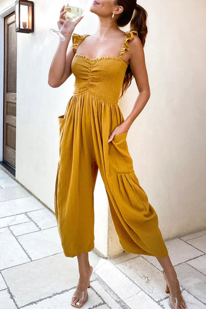 Casual Street Solid Patchwork Pocket Spaghetti Strap Straight Jumpsuits