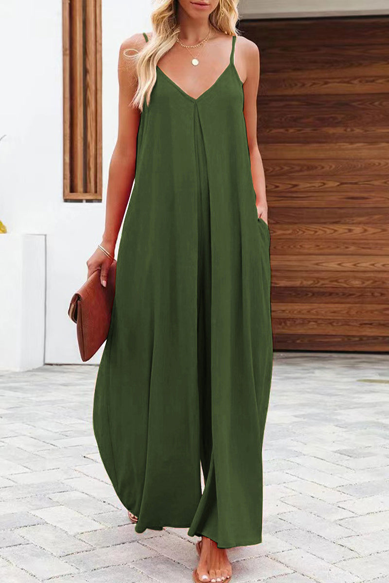 Casual Solid Solid Color V Neck Loose Jumpsuits