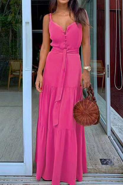 Elegant Vacation Solid Buckle V Neck A Line Dresses