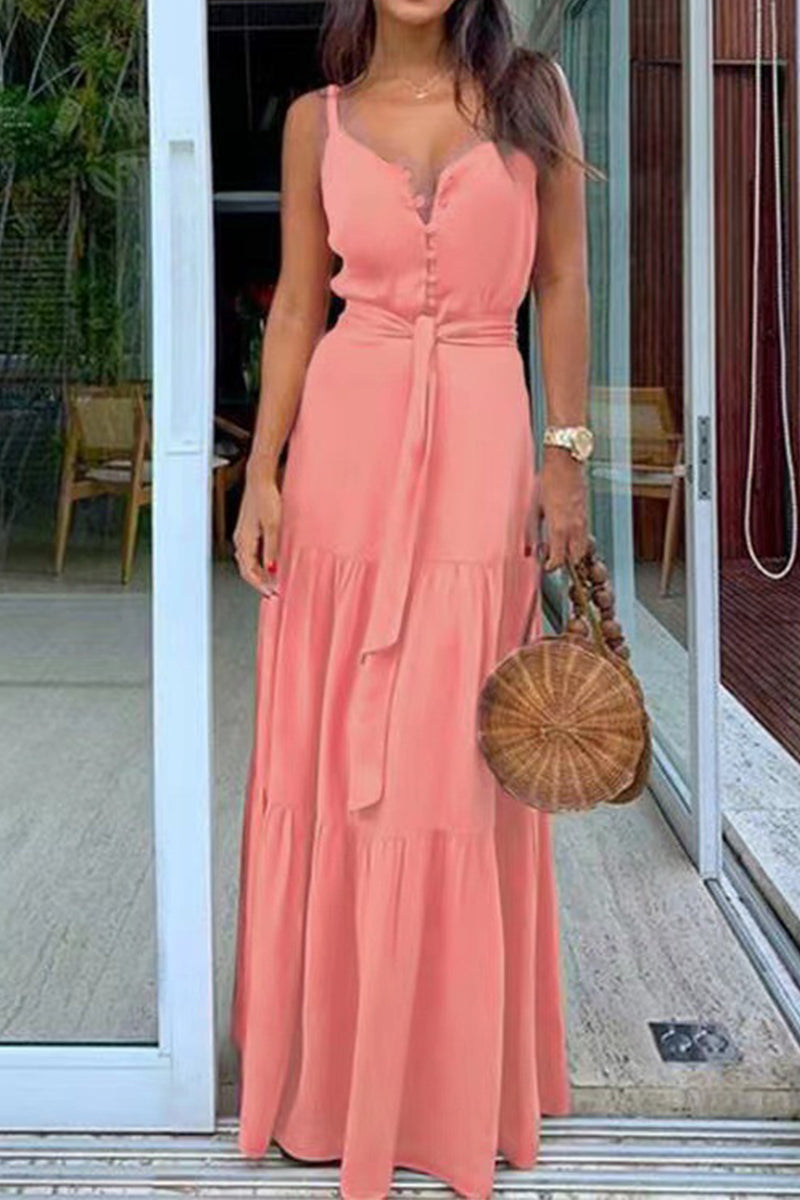 Elegant Vacation Solid Buckle V Neck A Line Dresses