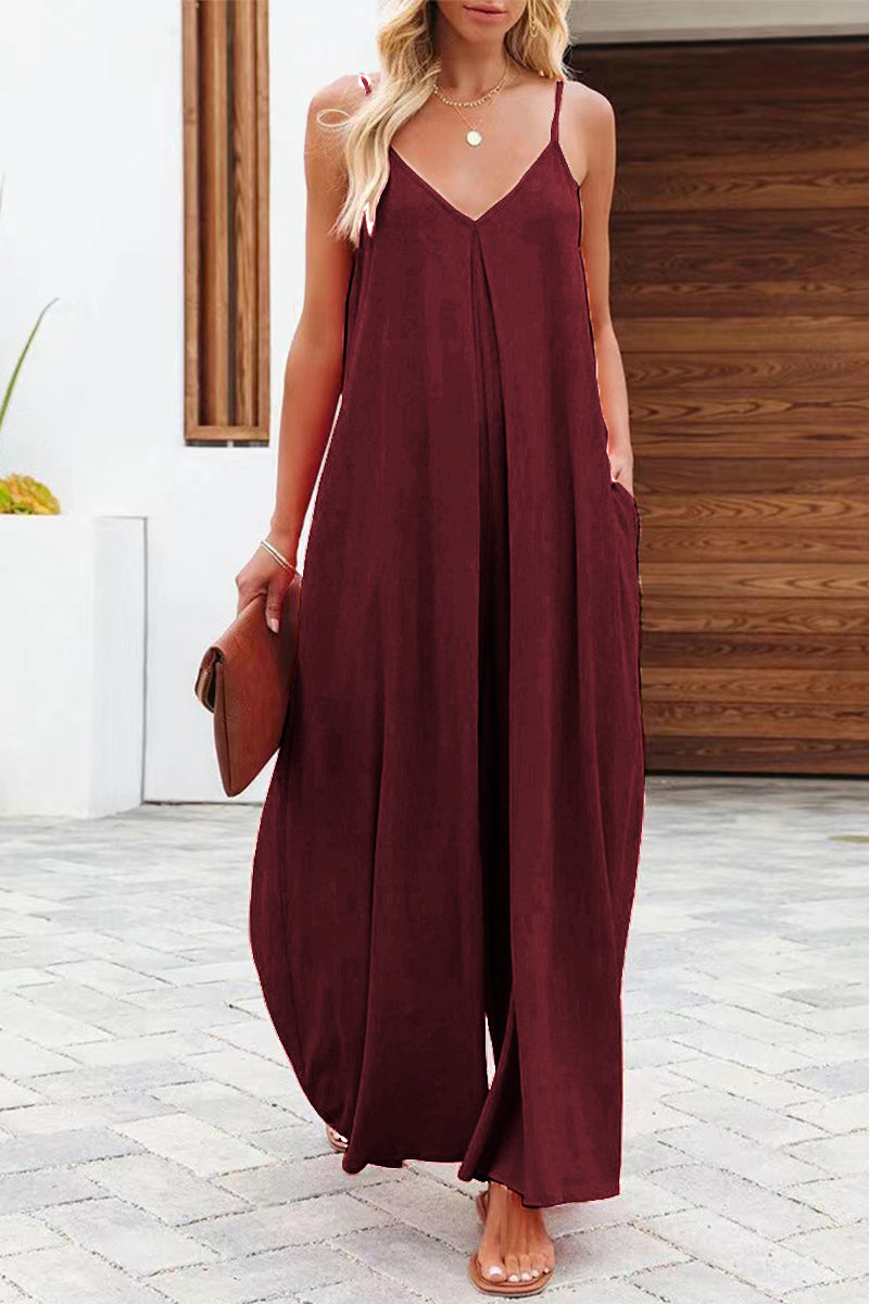 Casual Solid Solid Color V Neck Loose Jumpsuits