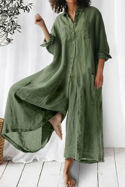 Casual Vacation Solid Pocket Buttons Turndown Collar Loose Jumpsuits