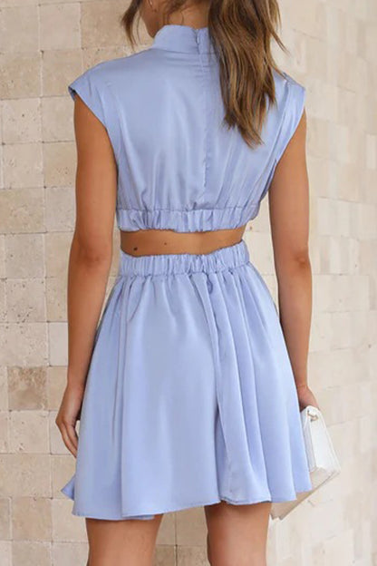 Sweet Elegant Solid Ripped Mandarin Collar Waist Skirt Dresses