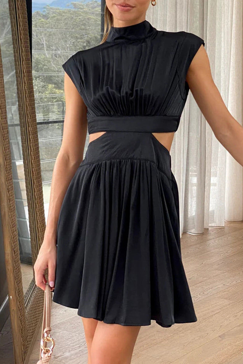 Sweet Elegant Solid Ripped Mandarin Collar Waist Skirt Dresses