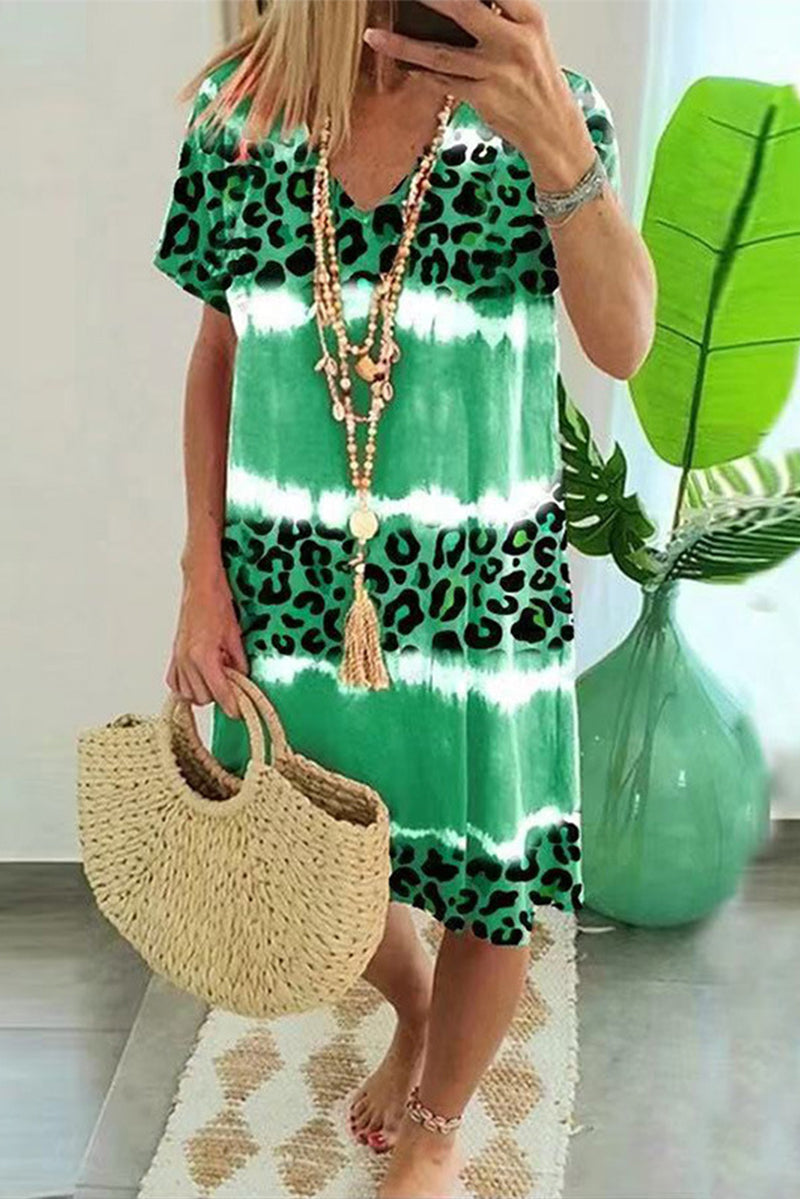 Sexy Casual Striped Leopard Patchwork V Neck Short Sleeve Dress Dresses